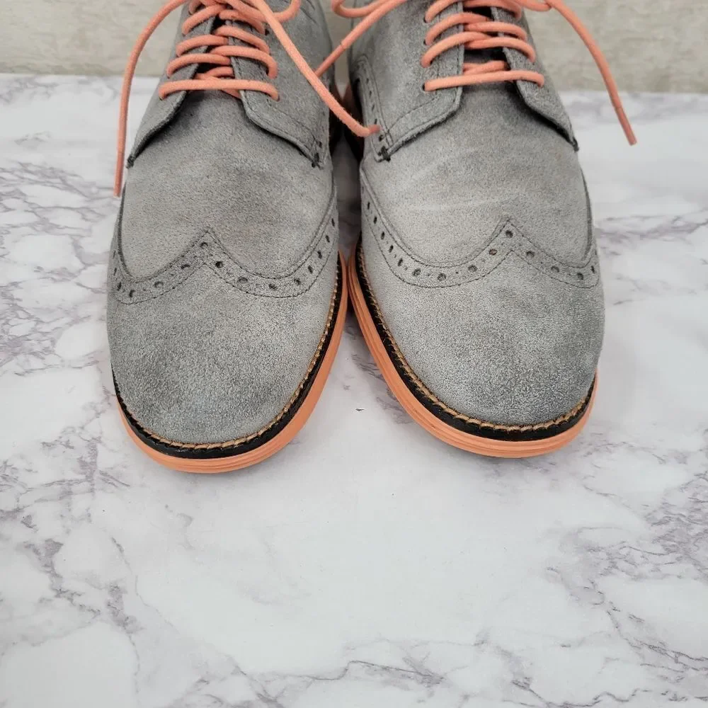Cole Haan Original Grand Wingtip Oxford Gray Suede Coral Soles and Laces Men's
